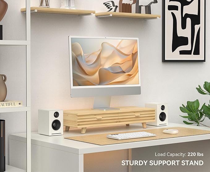 Bamboo Monitor Stand with Drawer - Desk Organizer with Cable Management & Storage, Ergonomic Laptop Riser for Home Office (220lbs Capacity, 24 inch ,Natural)-DeskLoop Office