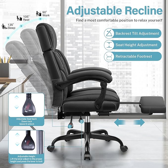 Executive Leather Office Chair, Big and Tall Office Chair with Footrest Home Office Desk Chairs, Ergonomic Computer Desk Chair with Lumbar Support, Reclining Desk Chair with Adjustable Angle-DeskLoop Office