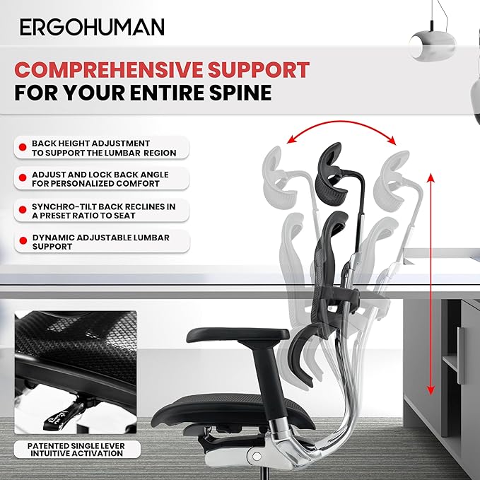 Ergohuman Eurotech ME7ERG GEN2 High Back Mesh Office, Computer, or Gaming Chair w/Tilt Tension Control & Lock, Back Angle/Height, Swivel Arms, Seat Height,/Depth, and Arm Height Adjustments, Black-DeskLoop Office