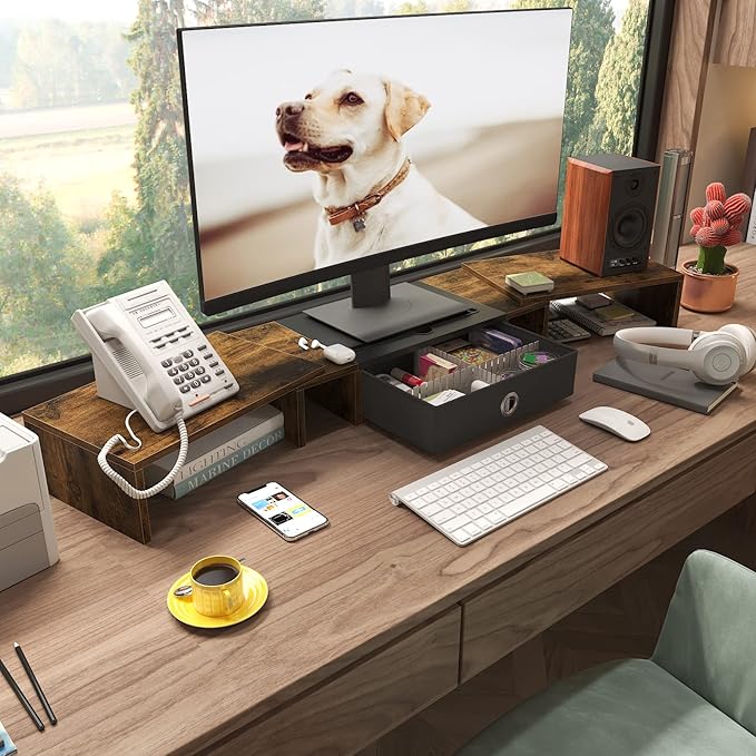WESTREE Triple Dual Monitor Stand Riser with Drawer,Extra Large Adjustable for 2~3 Monitors,Solt for Phone & Tablet, Desktop Organizer Stand for Computer,Laptop,Printer,TV