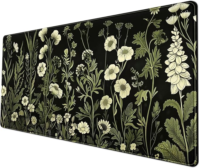 Floral Green Plant Mouse Pad Aesthetic Vintage Desk Pad Black Extended Mouse Pad Large Desk Mat for Desktop Keyboard Pad and Office Home Work Mouse Pad XXL Laptop Computer Mat 31.5 X 11.8 in-DeskLoop Office