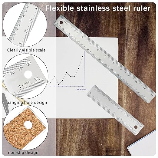 12 Inch Metal Ruler Stainless Steel Metal Ruler with Cork Backing, Non-Slip Rulers with Inch and Centimeters, Straight Edge Cork Base Rulers for Student School Office Drafting Tools-DeskLoop Office