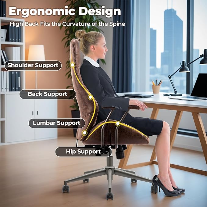 ovios Ergonomic Home Office Chair, Mid-Century Modern Faux Leather Chairs with Padded Armrests, Comfy High Back Swivel Rolling Executive Computer Armchair (Dark Brown, Suede Leather)-DeskLoop Office