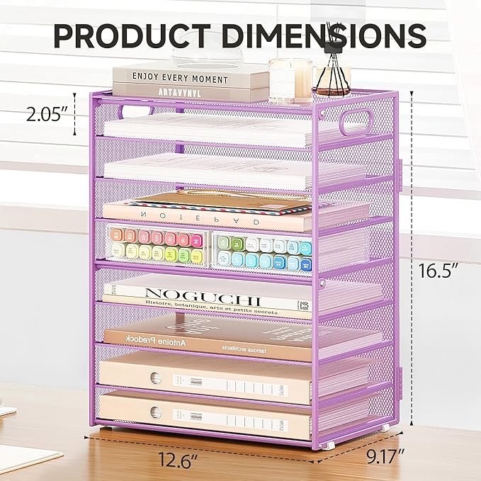 SUBEKYU 9 Tier Paper Letter Tray Desk Organizer with Handles - Purple Metal Mesh File Holder Paper Sorter Desk Organizer for Office Home School, Include 6 Pcs Adjustable Slid Tray, 6 Colors Available-DeskLoop Office