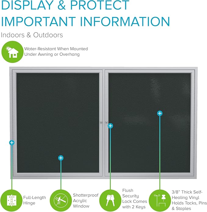 Ghent 48"x60" 2-Door Outdoor Enclosed Vinyl Bulletin Board, Shatter Resistant, with Lock, Satin Aluminum Frame - Ebony (PA24860VX-183), Made in the USA-DeskLoop Office