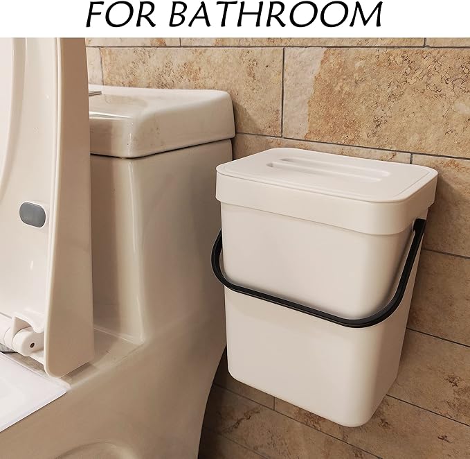 stonespace Hanging Small Trash Can with Lid Under Sink for Kitchen,1.3 Gallon/ 5L Mountable Compost Pail,Kitchen Compost Bin for Countertop, White-DeskLoop Office