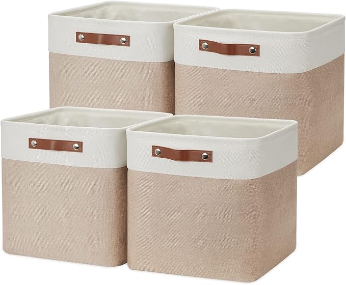 DULLEMELO Cube Storage Bins - 4 Pack Foldable Large Storage Baskets 12 inch Gifts Empty Fabric Bins for Home Office Cubes Organizer Closet, Shelves, Toy, Nursery (4 Pack - 12" White&Khaki)-DeskLoop Office