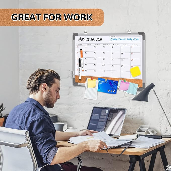 Monthly Calendar Whiteboard Dry Erase Cork Board Combination for Wall, 17"x13" Magnetic Dry Erase Board, Double-Sided White Board, Portable Board for Office, Kitchen, Planning, Memo, School, Home-DeskLoop Office