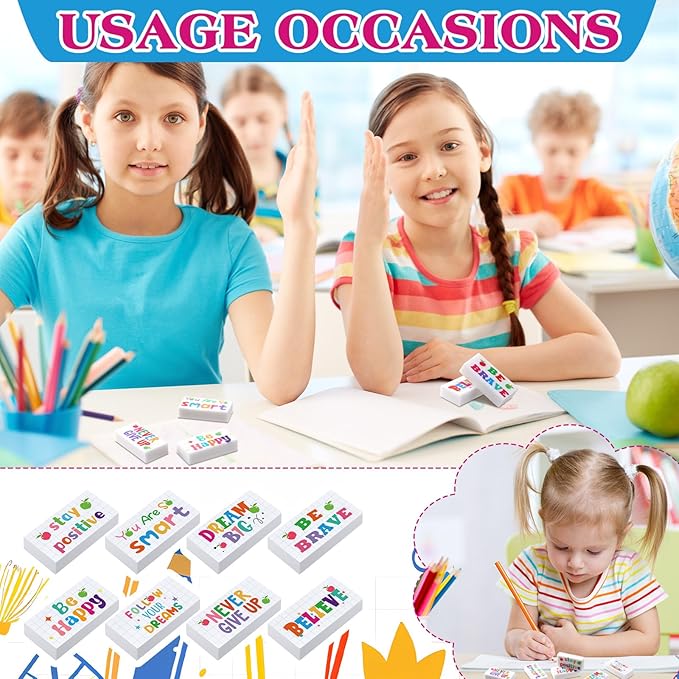 100 Pcs Inspirational Pencil Erasers Bulk for Kids Fun Motivational Eraser School Supplies Back to School Office Supplies for Classroom Office Teacher Artists (Lovely)-DeskLoop Office