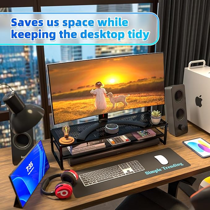 Simple Trending 2 Tier Metal Dual Monitor Stand Riser,Computer Office Desktop Organizer for 2 Monitors With 32"x10" Mouse Pad ,for Laptop,Printer,TV,Black-DeskLoop Office