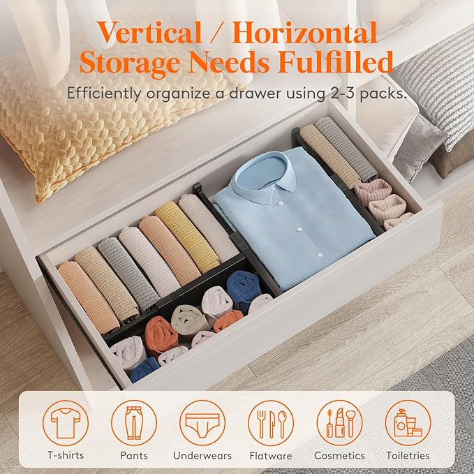 Lifewit 6 Pack Drawer Dividers 4" High, 11-17" Adjustable Drawer Organizers for Clothes, Expandable Dresser Separators in Bedroom/Bathroom/Kitchen/Fridge/Office Organization and Storage, Black-DeskLoop Office