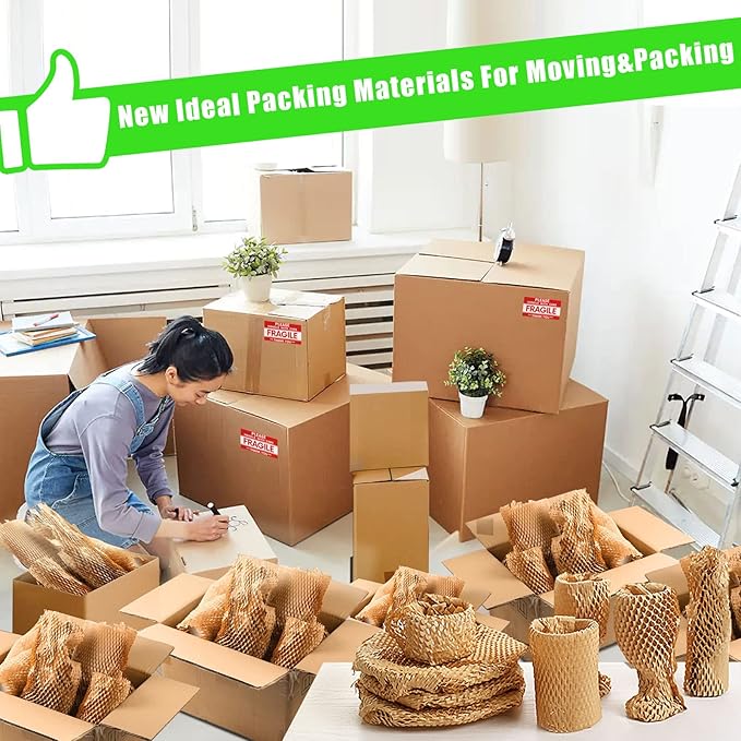 Honeycomb Packing Paper, MINHAO 15"x400' Eco Friendly Packing Paper for Moving Recyclable Honeycomb Paper Moving Supplies Bubble Paper Wrapping Protective Roll, With 36 Fragile Sticker Labels-DeskLoop Office