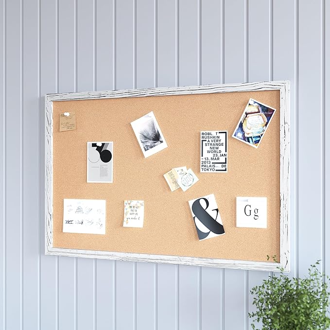 HBCY Creations Wall Mount Whitewashed Cork Board - 24" W x 36" H - 6 Wooden Push Pins - Solid Pine Wood Frame - for Kitchen, Classrooms, Restaurant Menus and More!-DeskLoop Office