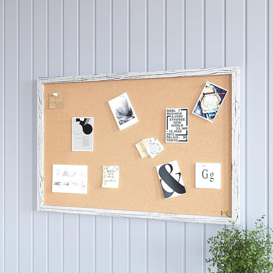 HBCY Creations Wall Mount Whitewashed Cork Board - 24" W x 36" H - 6 Wooden Push Pins - Solid Pine Wood Frame - for Kitchen, Classrooms, Restaurant Menus and More!-DeskLoop Office