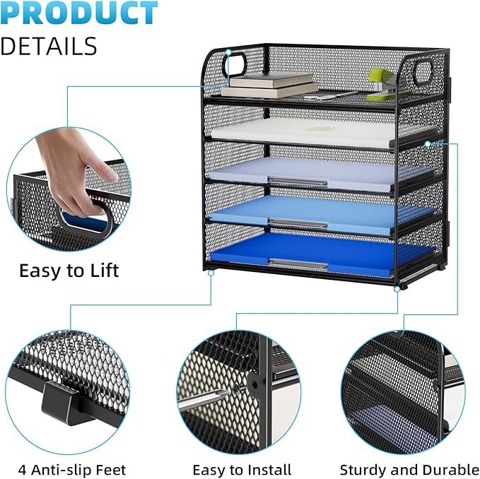 Marbrasse Desk Organizer - 5 Tier Paper Letter Tray, Mesh File Organizer with Handle for Office, School and Home-DeskLoop Office