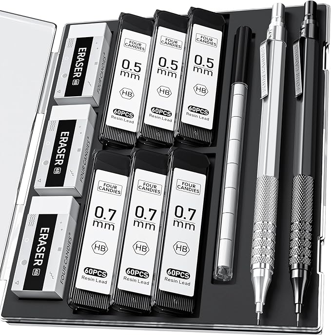 Four Candies 2PCS Metal Mechanical Pencils Set with Case, 0.5mm & 0.7 mm Artist Pencil with 6 Tubes (360PCS) HB Lead Refills, 3 Erasers,9 Eraser Refills For Writing Drafting, Drawing, Black&Silver-DeskLoop Office