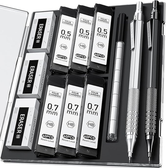 Four Candies 2PCS Metal Mechanical Pencils Set with Case, 0.5mm & 0.7 mm Artist Pencil with 6 Tubes (360PCS) HB Lead Refills, 3 Erasers,9 Eraser Refills For Writing Drafting, Drawing, Black&Silver-DeskLoop Office