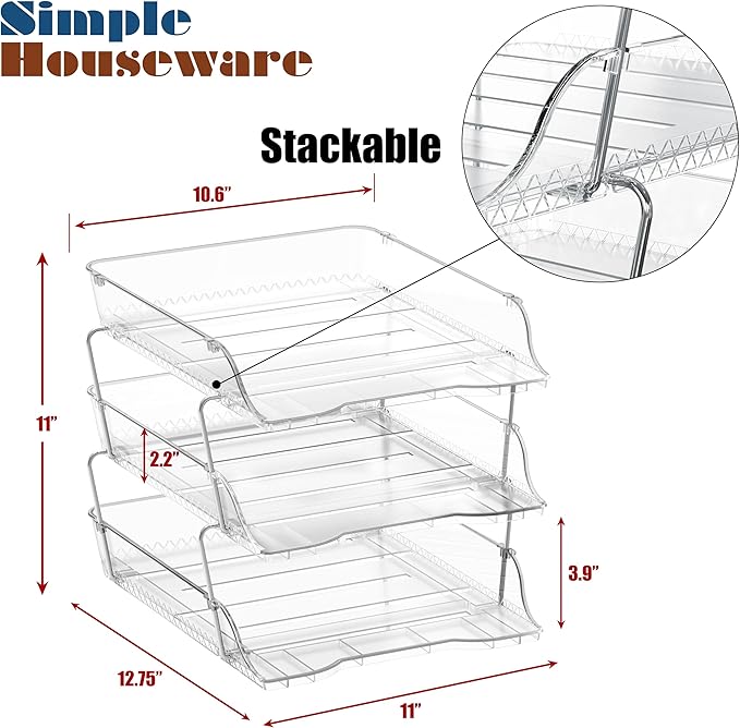 Simple Houseware 3-Tier Crystal Clear Stackable Document Letter Tray Paper Organizer – Desk Organizer for A4/Letter Size Documents, File Sorter, Paper Holder, Office Desktop File Storage, Acrylic Look-DeskLoop Office