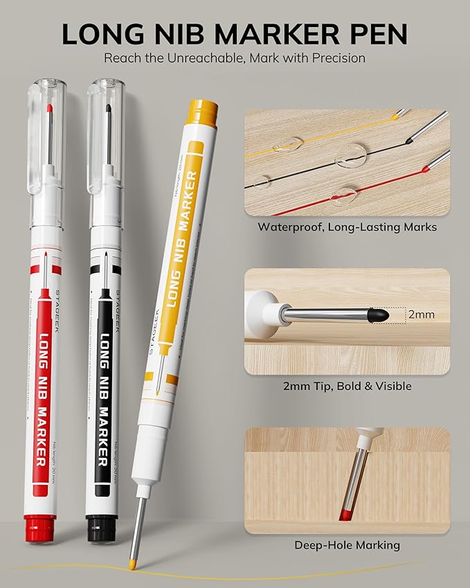 3PCS Carpenter Pencils with Sharpener, Heavy Duty Woodworking Tools, Mechanical Pencil Set with 39 Refills, Deep Hole Long Nib Marker Pens for Architect Marking with Case (Red, Black, Yellow)-DeskLoop Office