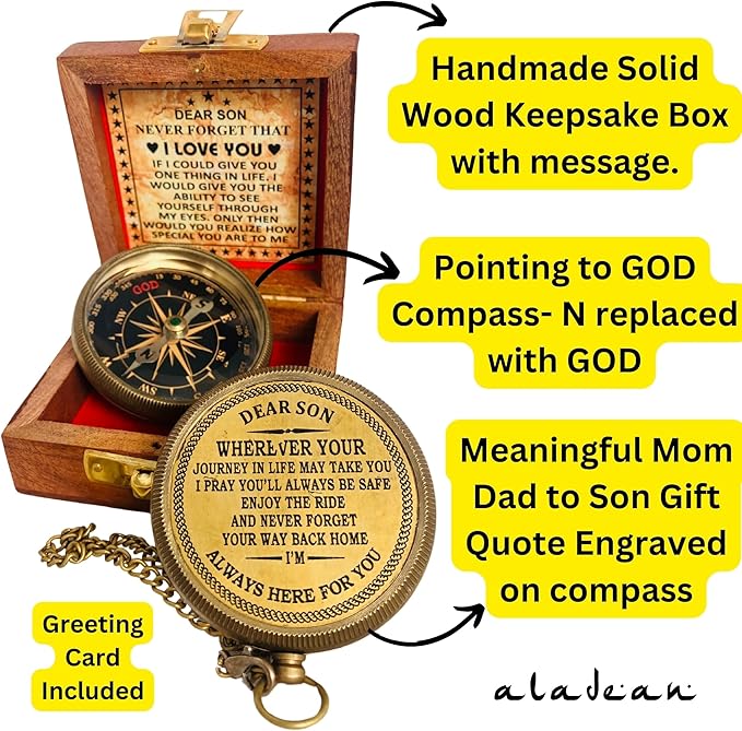 Gift for Son from Mom Dad | Engraved Compass 2" - Father to Son Gifts, Mom to Son Gifts for Graduation 2025, Birthday Baptism Confirmation Communion-DeskLoop Office