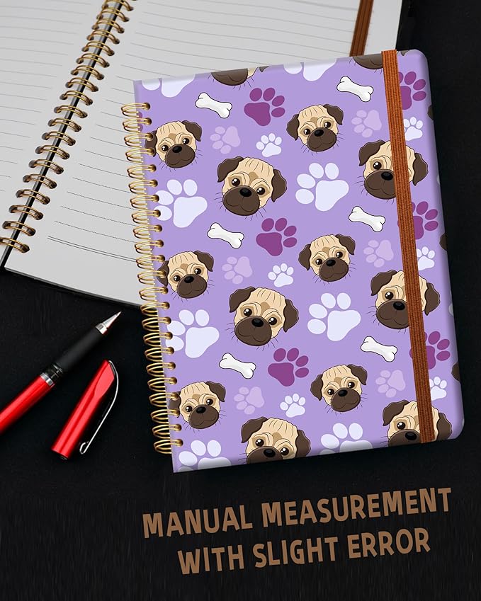 Ruled Spiral Writing Notebook,A5 Hardcover Lined College Journal for Women Lady,Fashion Puppy Watercolor Strong Twin-Wire Binding with Premium Paper,8.4" X 6",Perfect for School,Office,Home Gifts(Pug Bones Paws)-DeskLoop Office