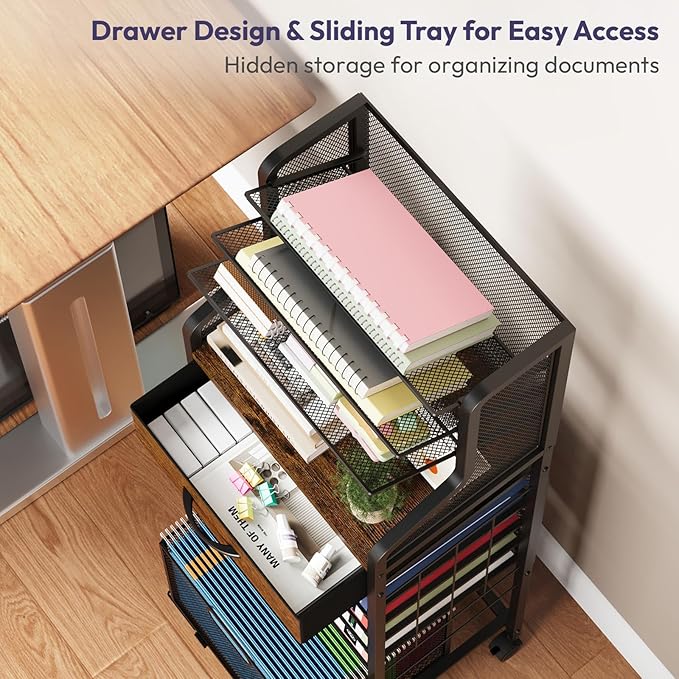 SWTYMIKI 10-Tier Rolling File Cart - Mesh Paper Organizer with Drawer and Hanging File Folders on Lockable Wheels, Wood Teacher Cart for Office Organization, Storage in Home, Studio, School, Espresso-DeskLoop Office