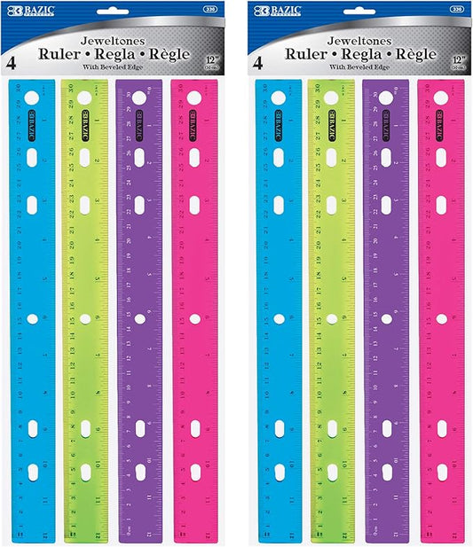 BAZIC Jeweltones Color Plastic Ruler 12" (30cm), Inches Centimeter Metric Measuring Drafting Rulers, for Students School Supplies (4/Pack), 2-Packs-DeskLoop Office