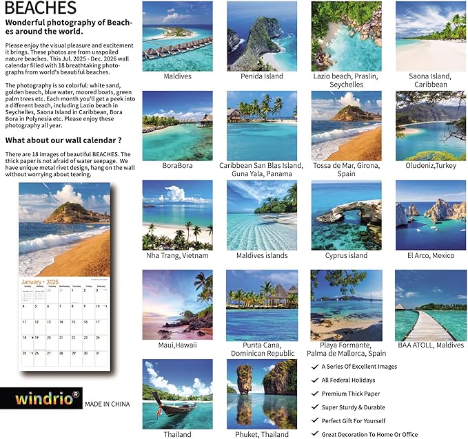 2025 Wall Calendar,Calendar 2026, July 2025 - December 2026, Wall Calendar Beaches, 12" x 24" Opened,Full Page Months Thick & Sturdy Paper for Calendar Organizing & Planning-DeskLoop Office