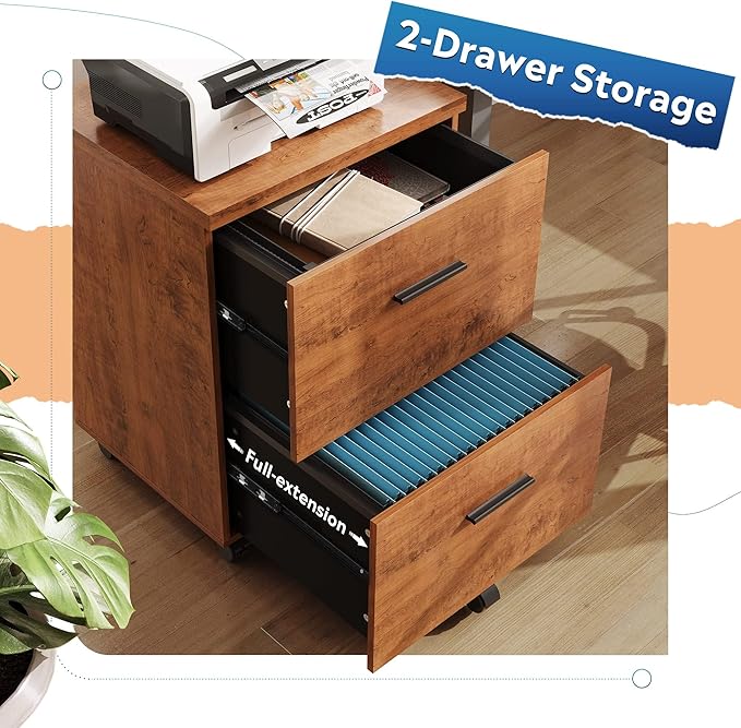 DEVAISE Wood File Cabinet, 2 Drawer Filing Cabinet for Home Office, Vertical File Cabinets with Wheels fits A4/Letter/Legal Size File, Walnut-DeskLoop Office
