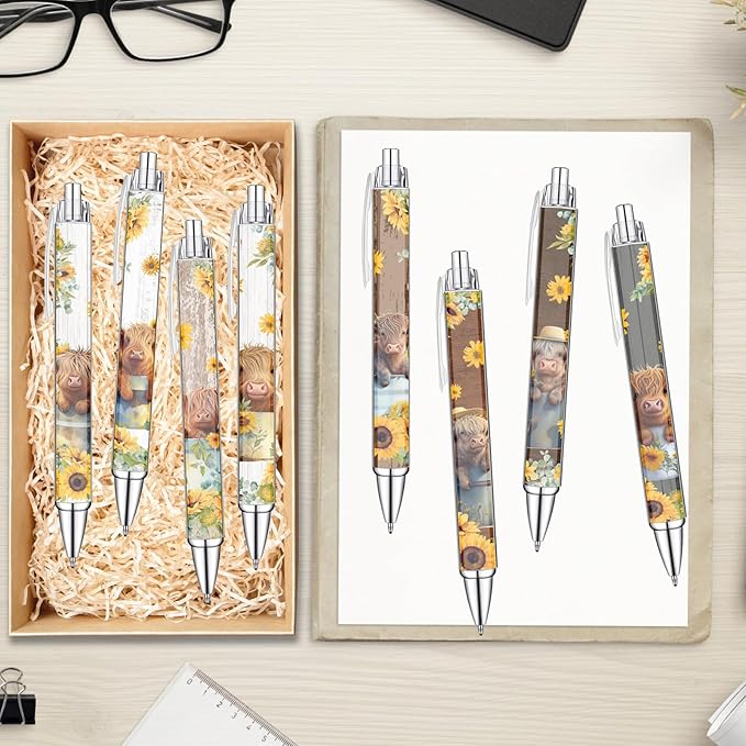 Idealmuzik 8 PCS Cute Highland Cow Print Pens, Cow Lovers Gifts, School Office Supplies, Gifts for Women Girls Teen Christmas New Year-DeskLoop Office