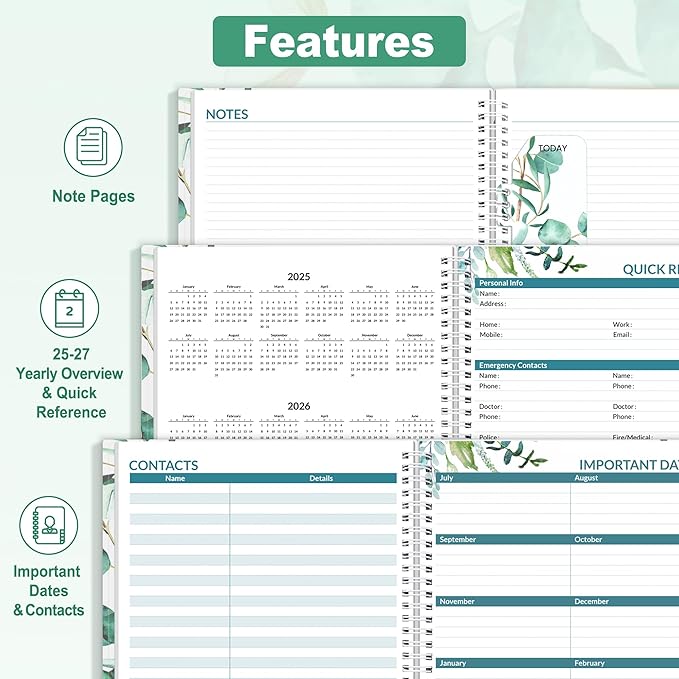 SUNEE 2025-2026 Appointment Book, Quarter-Hourly, Weekly & Monthly - from July 2025 to June 2026, 8.5"x11" Academic Planner, Flexible Cover, Note Pages, Bookmark, Spiral Binding, Leaves-DeskLoop Office