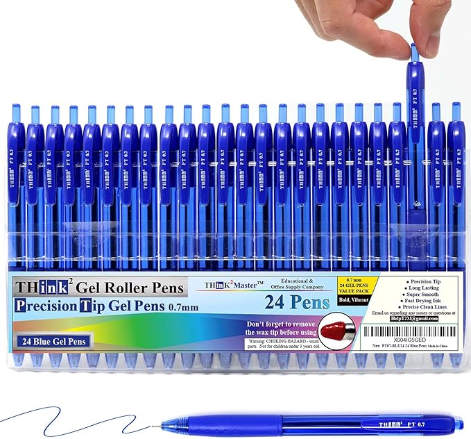 THINK2MASTER [24 Pens - Blue Ink Think2 0.7mm Precision Tip Gel Pens. (24 Blue) Fine Point Small Rollerball Pens with Smooth Quick Drying Ink.-DeskLoop Office