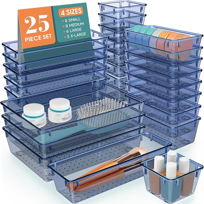 WOWBOX 25 PCS Plastic Drawer Organizer Set, 4 Sizes Desk Drawer Divider Organizers and Storage Bins for Makeup, Jewelry, Gadgets for Kitchen, Bedroom, Bathroom, Office, Clear Dark Blue-DeskLoop Office