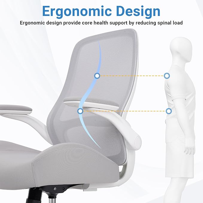 HYLONE Heavy Duty Office Chair, 5" Thickened Seat Ergonomic Desk Chair with Adjustable Armrests, Home Office Computer Chairs for Long Hours Mesh Executive Chair(White Base & Grey)-DeskLoop Office