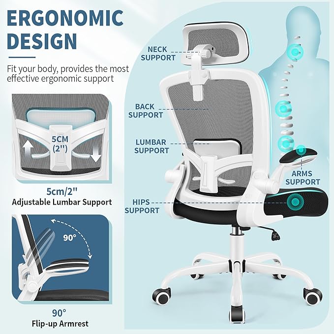 FelixKing Ergonomic Office Chair, Headrest Desk Chair with Adjustable Lumbar Support, Home Office Swivel Task Chair with High Back and Armrest, Adjustable Height Gaming Chair (White)-DeskLoop Office