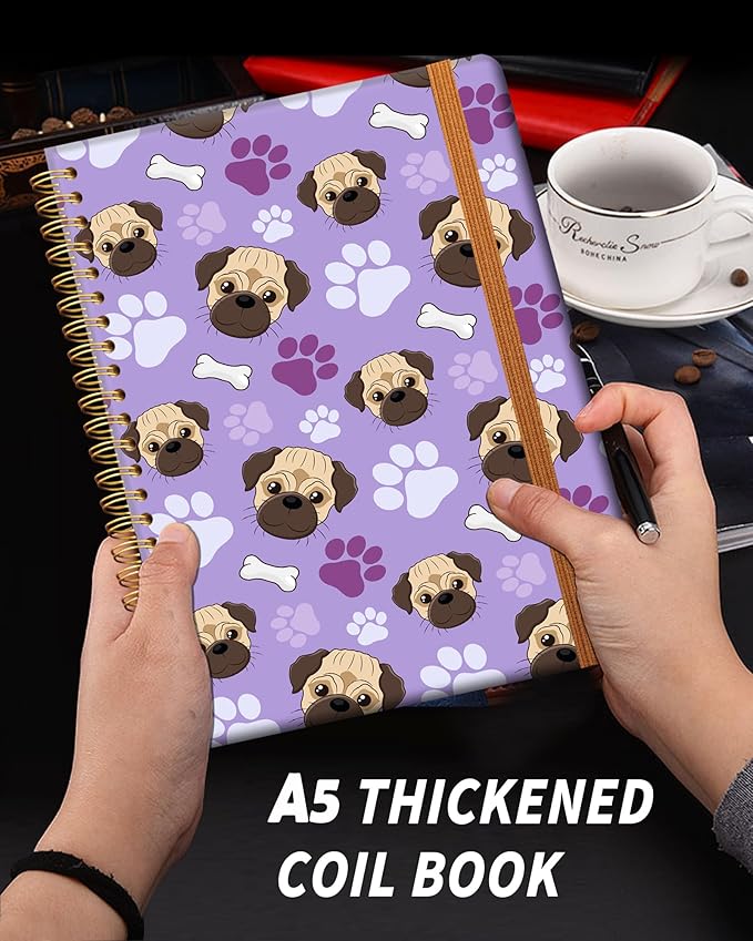 Ruled Spiral Writing Notebook,A5 Hardcover Lined College Journal for Women Lady,Fashion Puppy Watercolor Strong Twin-Wire Binding with Premium Paper,8.4" X 6",Perfect for School,Office,Home Gifts(Pug Bones Paws)-DeskLoop Office