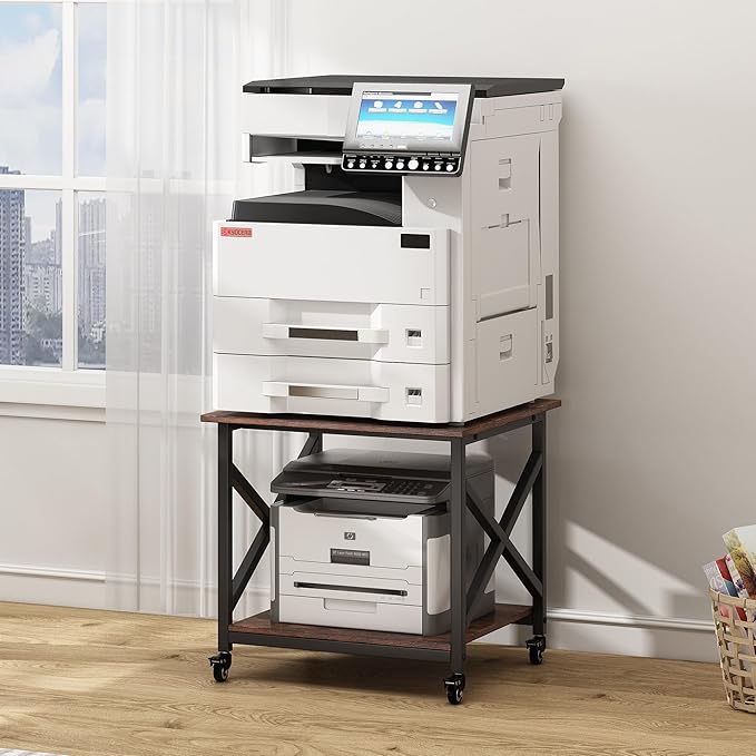 Large Printer Stand, 23.6 x 23.6 x 22.6 Inches Square Printer Table with Storage Shelf, 2 Tier Rolling Printer Cart with Industrial Wheels for Home Office - Rustic Brown-DeskLoop Office
