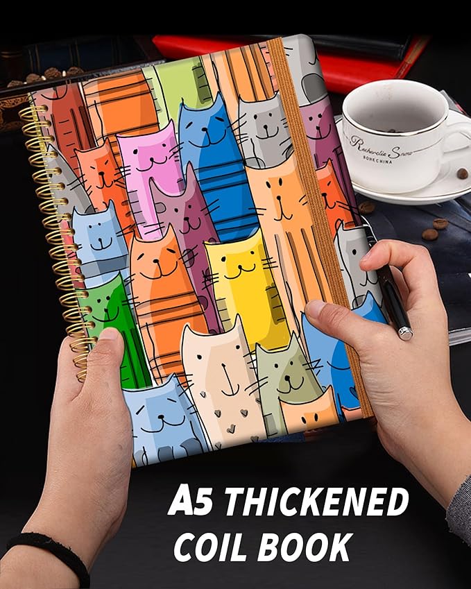 Ruled Spiral Writing Notebook,A5 Hardcover Lined College Journal for Women Lady,Fashion Puppy Watercolor Strong Twin-Wire Binding with Premium Paper,8.4" X 6",Perfect for School,Office,Home Gifts(Funny Cats)-DeskLoop Office