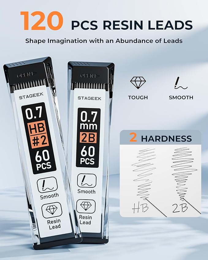 Mechanical Pencils 0.7mm with Case, Metal Weatherproof Body Outdoor Artist Mechanical Pencil with 120 PCS HB & 2B Lead Refills, Eraser, for Writing Drafting Drawing and Sketching-DeskLoop Office