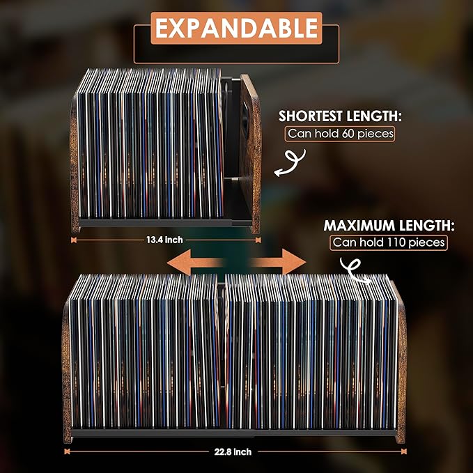 Vinyl Record Storage Holder, Expandable Record Holder Rack With Movable Divider, 110 LP Album Display Shelf Stand, Magazine Holder (Rustic Brown)-DeskLoop Office