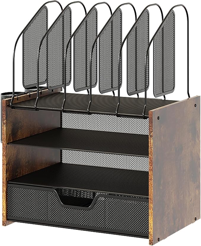 Wood Desk Organizer - 4-Tier Desktop File Organizer with Drawer, Wooden Paper Tray, Vertical File Holders & 2 Pencil Holders - Office Desk Organizer for Papers, Mail, Notebooks, Stationery-DeskLoop Office