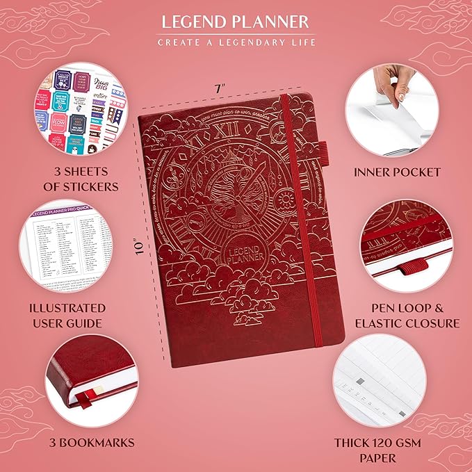 Legend Planner PRO – Deluxe Weekly & Monthly Life Planner to Increase Productivity and Hit Your Goals. Time Management Organizer Notebook – Undated – 7 x 10" Hardcover + Stickers – Wine Red-DeskLoop Office