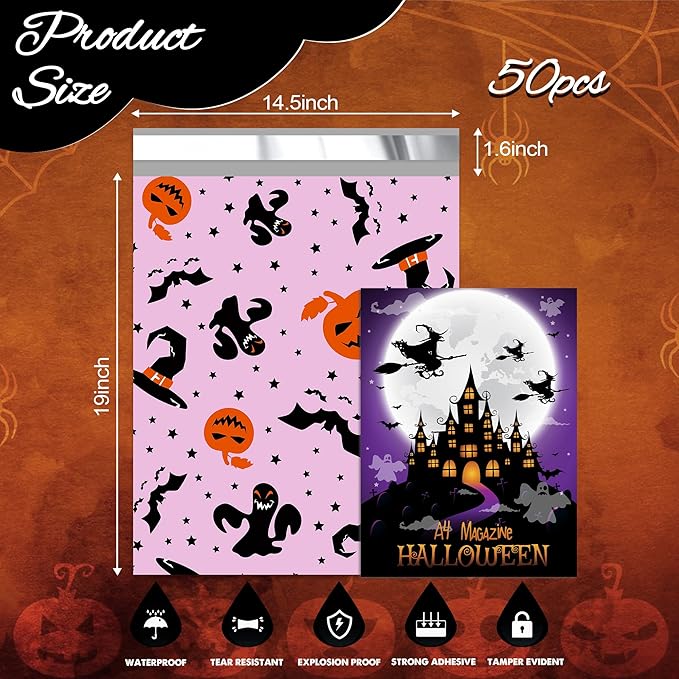 Halloween Poly Mailer 14.5x19 Inch 50 Pcs, Waterproof Shipping Bags for Clothing, Tear-Resistant Mailier Bags, Strong Mailing Bags with Self-Seal - Purple-DeskLoop Office