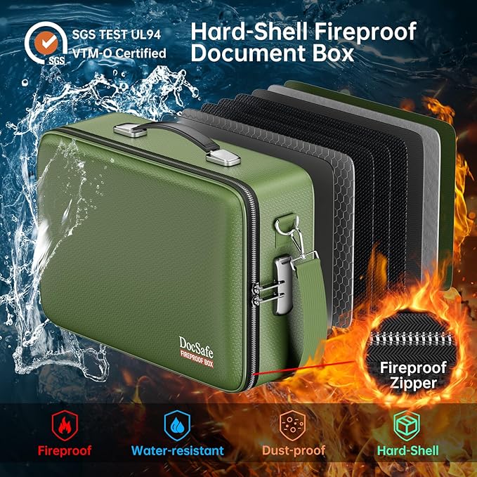 DocSafe Fireproof Document Box with Lock&Shoulder Strap,Hard Case File Organizer with Accordion File Folder,Multi-Layer Portable Home Office Travel Safe Storage for Important Documents Laptop Green-DeskLoop Office