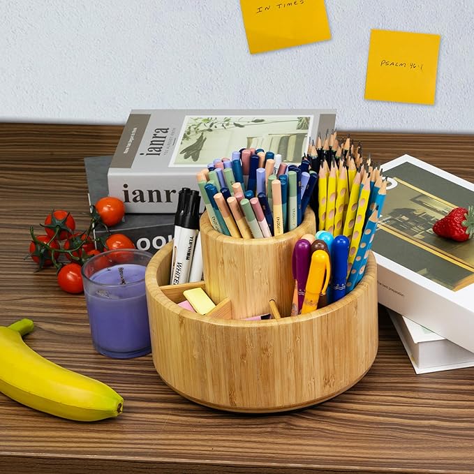 Utoplike Bamboo Rotating Art Supply Desk Organizer, Pencil Holder Organizer, Desktop Storage Caddy for Pen, Colored Pencil, Crayon, Paint Brushes, Art Studio&Office-DeskLoop Office