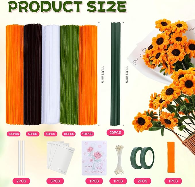 400 Pieces Craft Pipe Cleaners Bulk,Floral Stems for Pipe Cleaner Flowers with Floral Wires, Gardening Tape,Hot Glue Stick,Greeting Card,Bouquet Paper, Stamen & Ribbon,Festival Gifts for Kid,Adult-DeskLoop Office