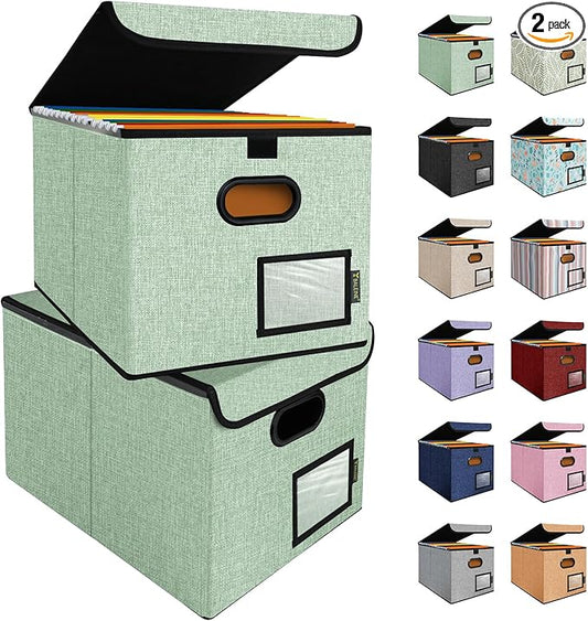 BALEINE File Organizer Box with Lid, Collapsible File Folder Organizer with Plastic Slide, Hanging File Folder Box for Office Document Storage (2 Pack, Green)-DeskLoop Office