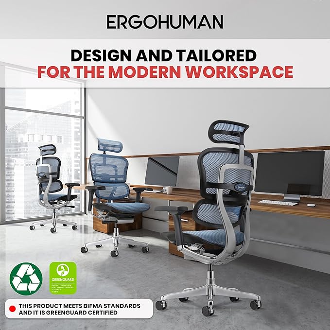 Ergohuman Eurotech ME7ERG GEN2 High Back Mesh Office Chair with Tilt Tension Control, Tilt Lock, Back Angle, Back Height, Synchro Tilt, Seat Height, Seat Depth, and Arm Height Adjustments, Blue-DeskLoop Office