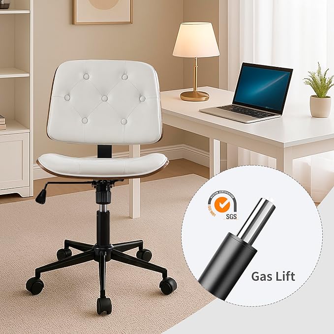 Small Home Office Chair – Adjustable Height, Armless PU Leather Mid-Back Desk Chair with Swivel Wheels, Walnut Finish, Perfect for Study or Bedroom, White-DeskLoop Office