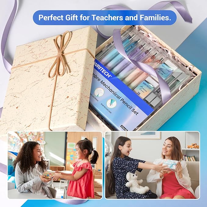 WRITECH Up Mechanical Pencil Set: 6ct Gradient Barrel 0.7mm Mechanical Pencils with 4 Tubes of HB Lead Refills and 2 Extra Erasers for Writing Drawing Sketching Drafting-DeskLoop Office